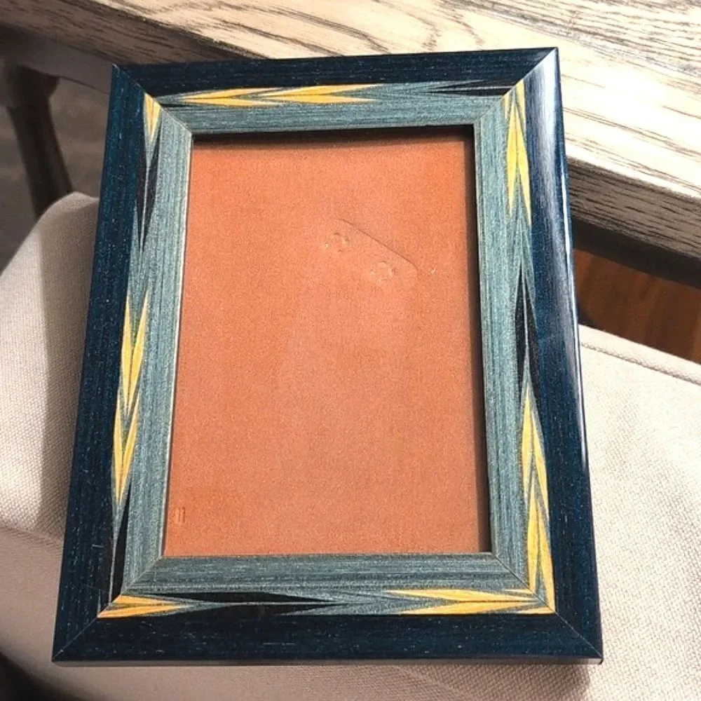 Bella Elegant Blue & Green Wood Inlay  Picture Frame Brown Velvet Easel Back